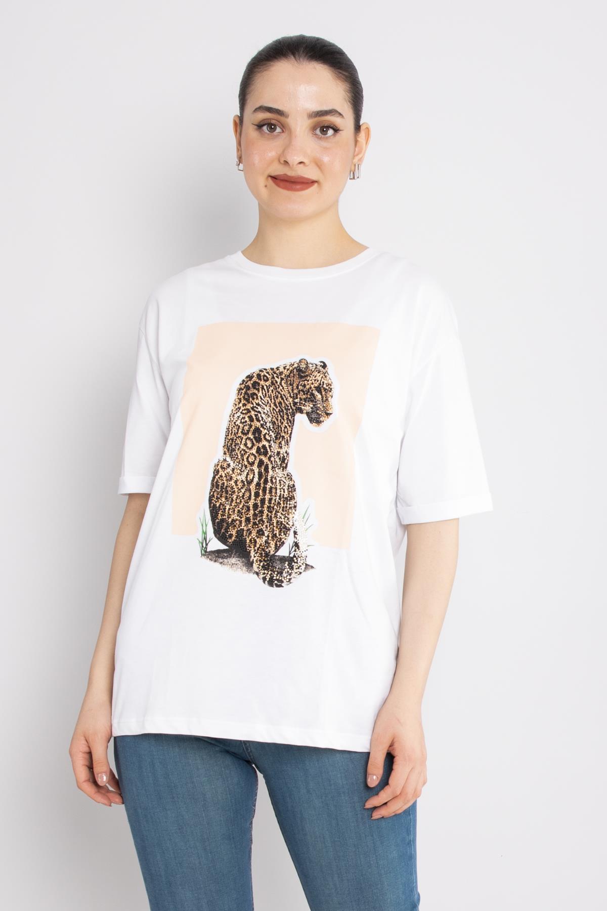 4794 Taşlı Aslanlı Desen Bsiklet Yaka Kısa Kol Tshirt