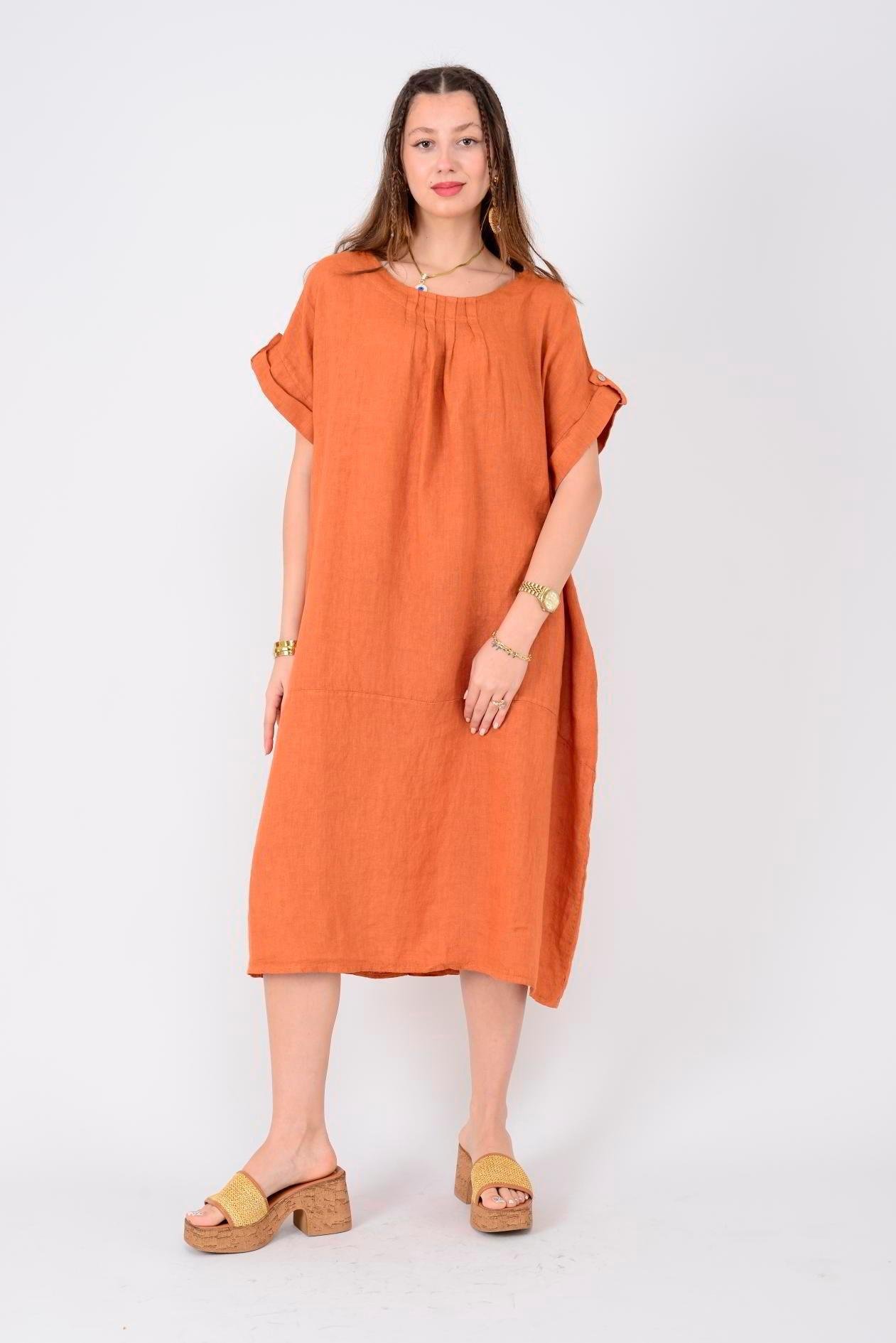 4829 Düz Desen Yakada Büzgü Detaylı Kısa Kol Cepli Keten Elbise