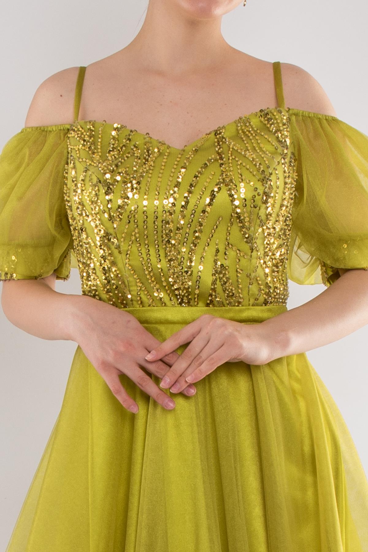 488 Balon Kol İp Askılı Göğüs Payeli Uzun Tül Nişanlık