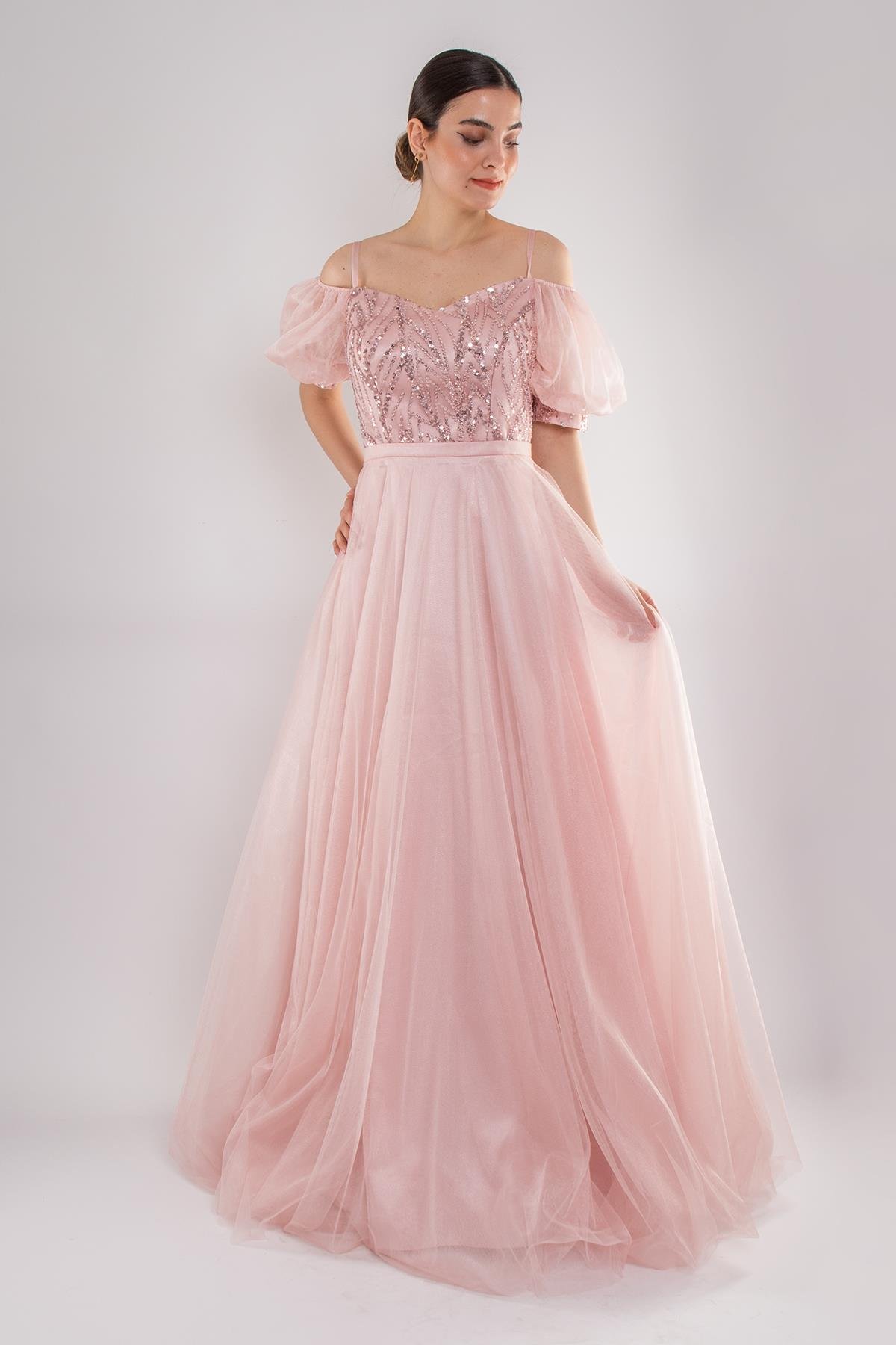 488 Balon Kol İp Askılı Göğüs Payeli Uzun Tül Nişanlık