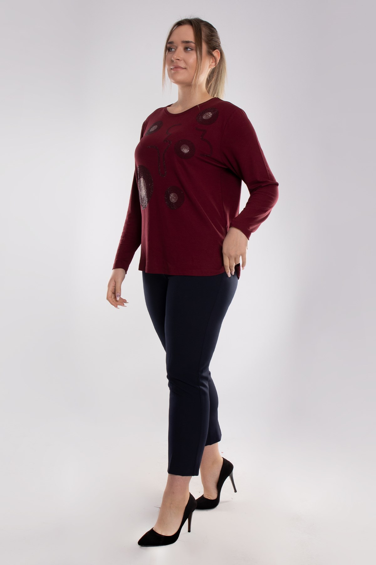 5003 Büyük Beden Taş Baskı Daire Desen Viscon Kadın Bluz