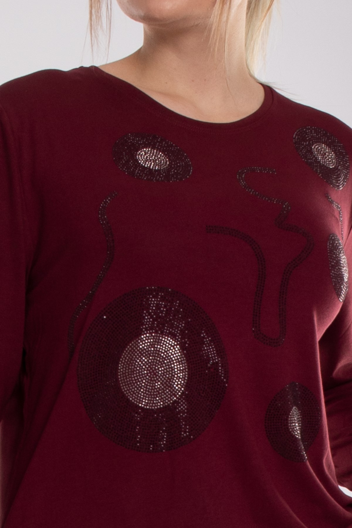 5003 Büyük Beden Taş Baskı Daire Desen Viscon Kadın Bluz