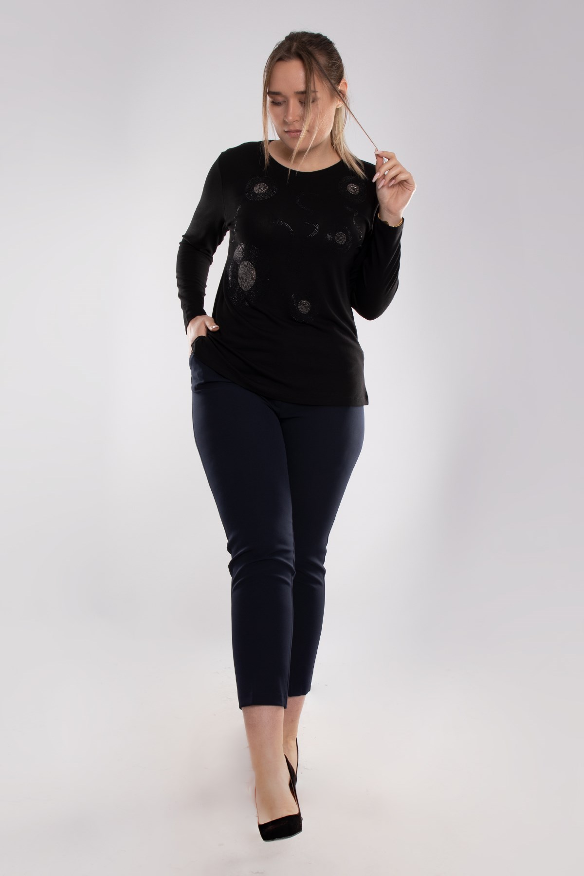 5003 Büyük Beden Taş Baskı Daire Desen Viscon Kadın Bluz