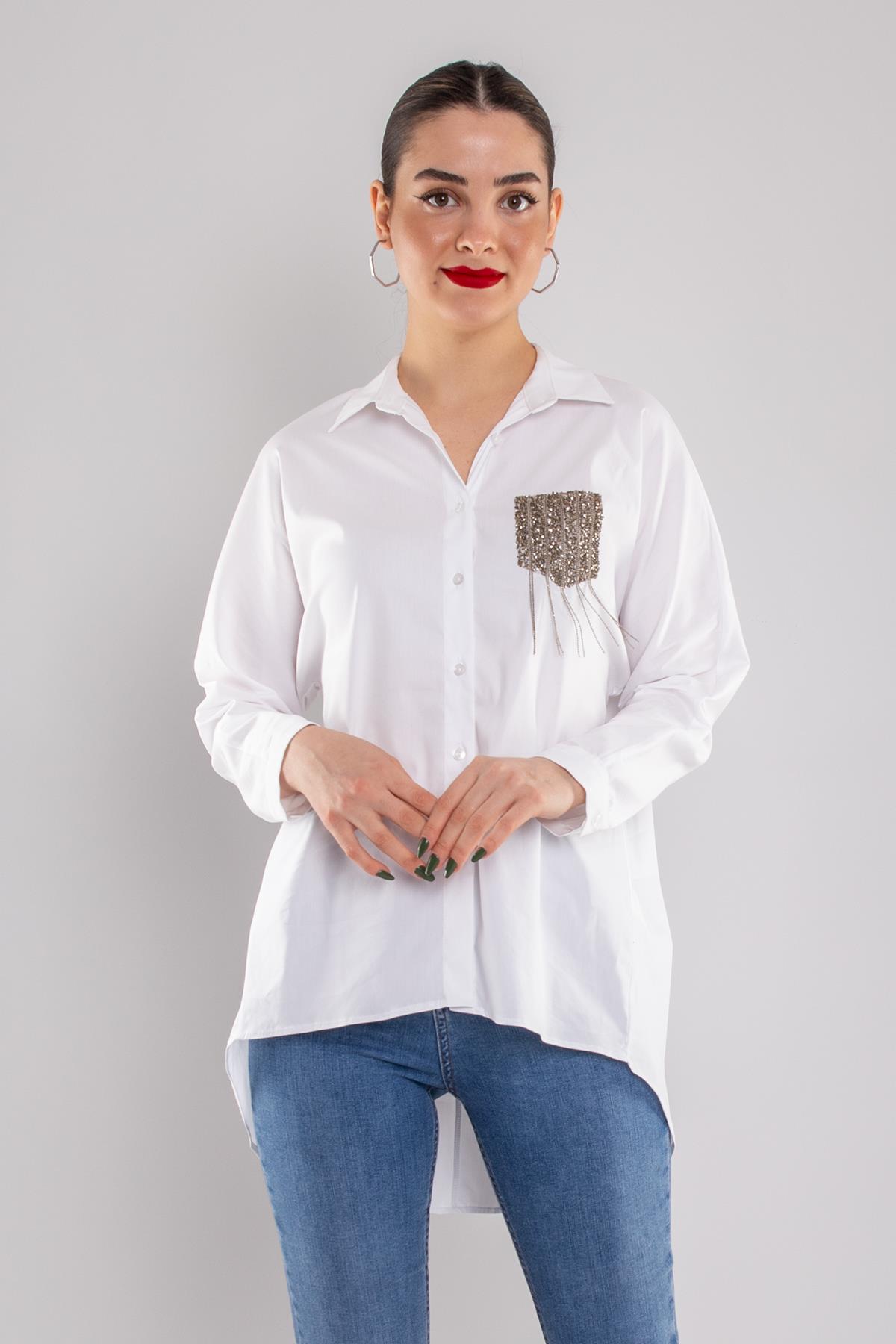 50092 Cep Detay Taşlı Düğmeli Pamuk Gömlek