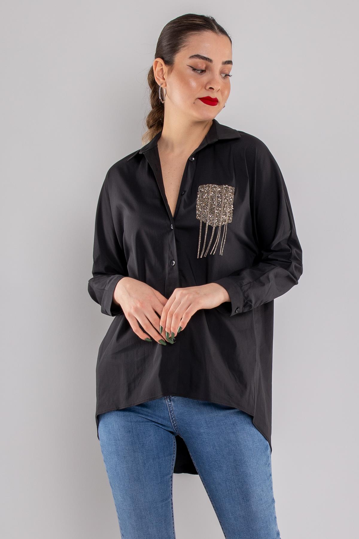 50092 Cep Detay Taşlı Düğmeli Pamuk Gömlek