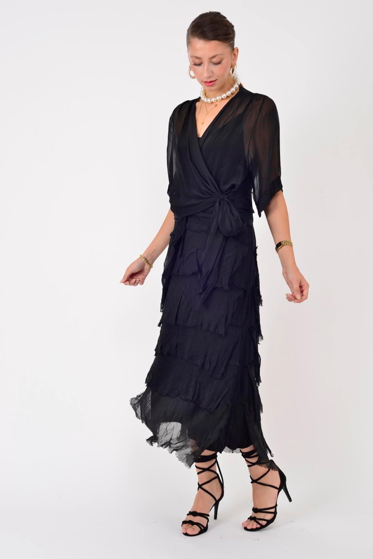 5015 Saçak Detaylı Bağlamalı Kruvaze İpek Elbise