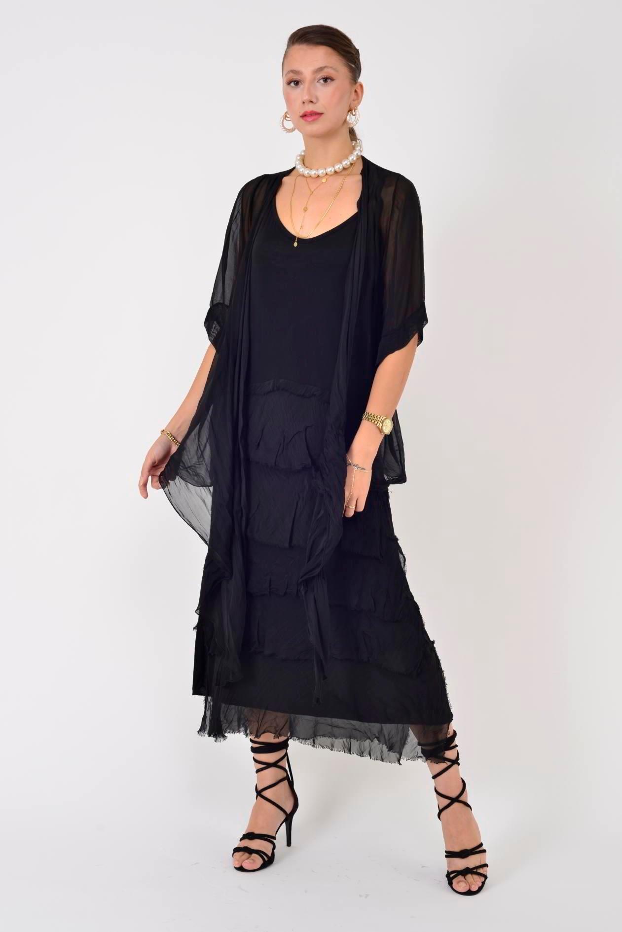 5015 Saçak Detaylı Bağlamalı Kruvaze İpek Elbise