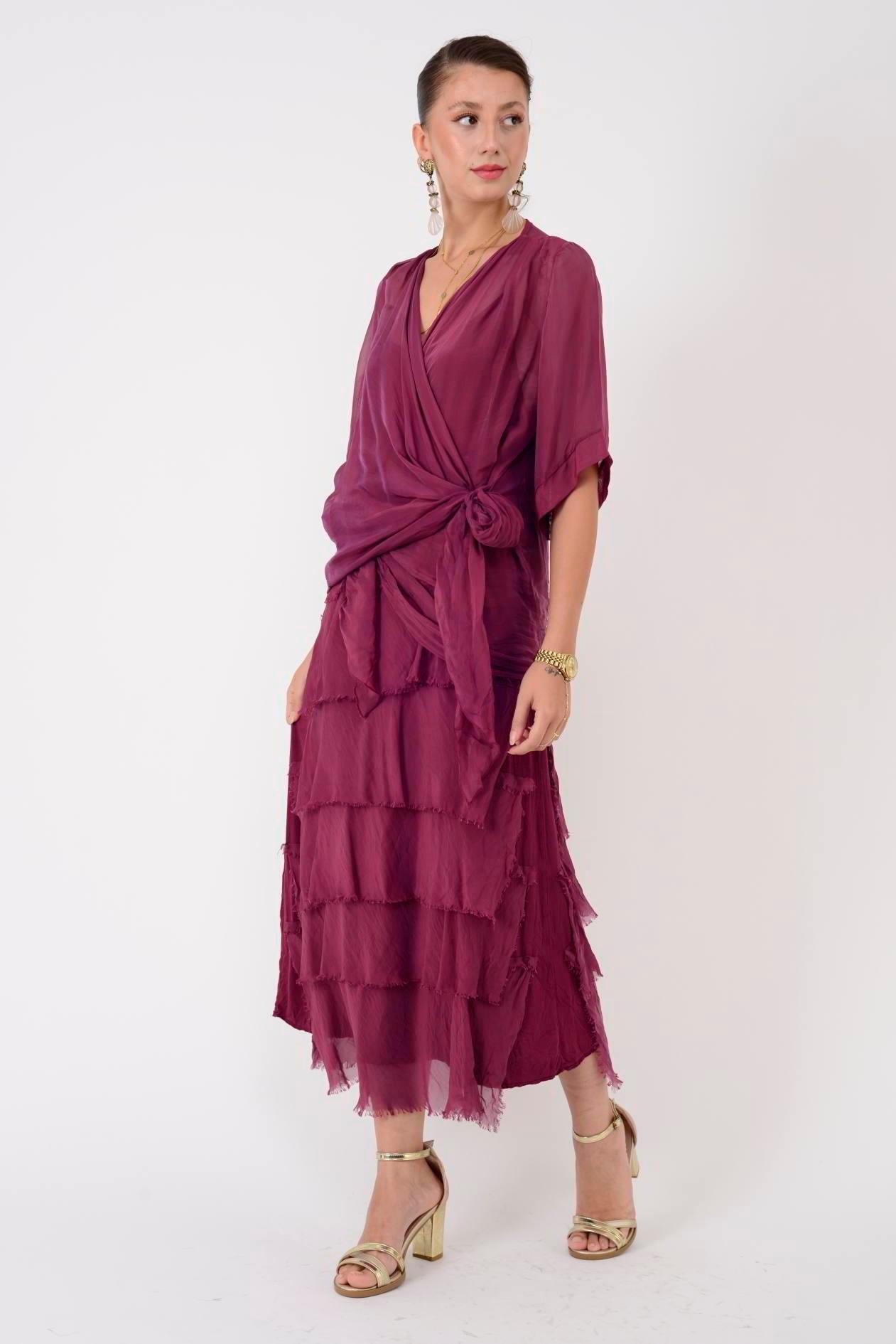 5015 Saçak Detaylı Bağlamalı Kruvaze İpek Elbise