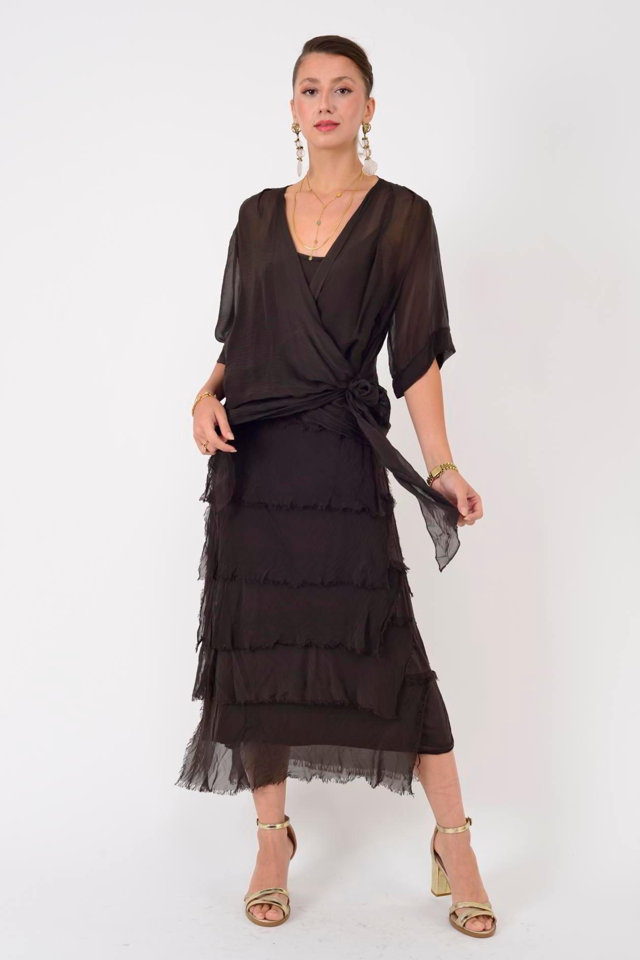 5015 Saçak Detaylı Bağlamalı Kruvaze İpek Elbise