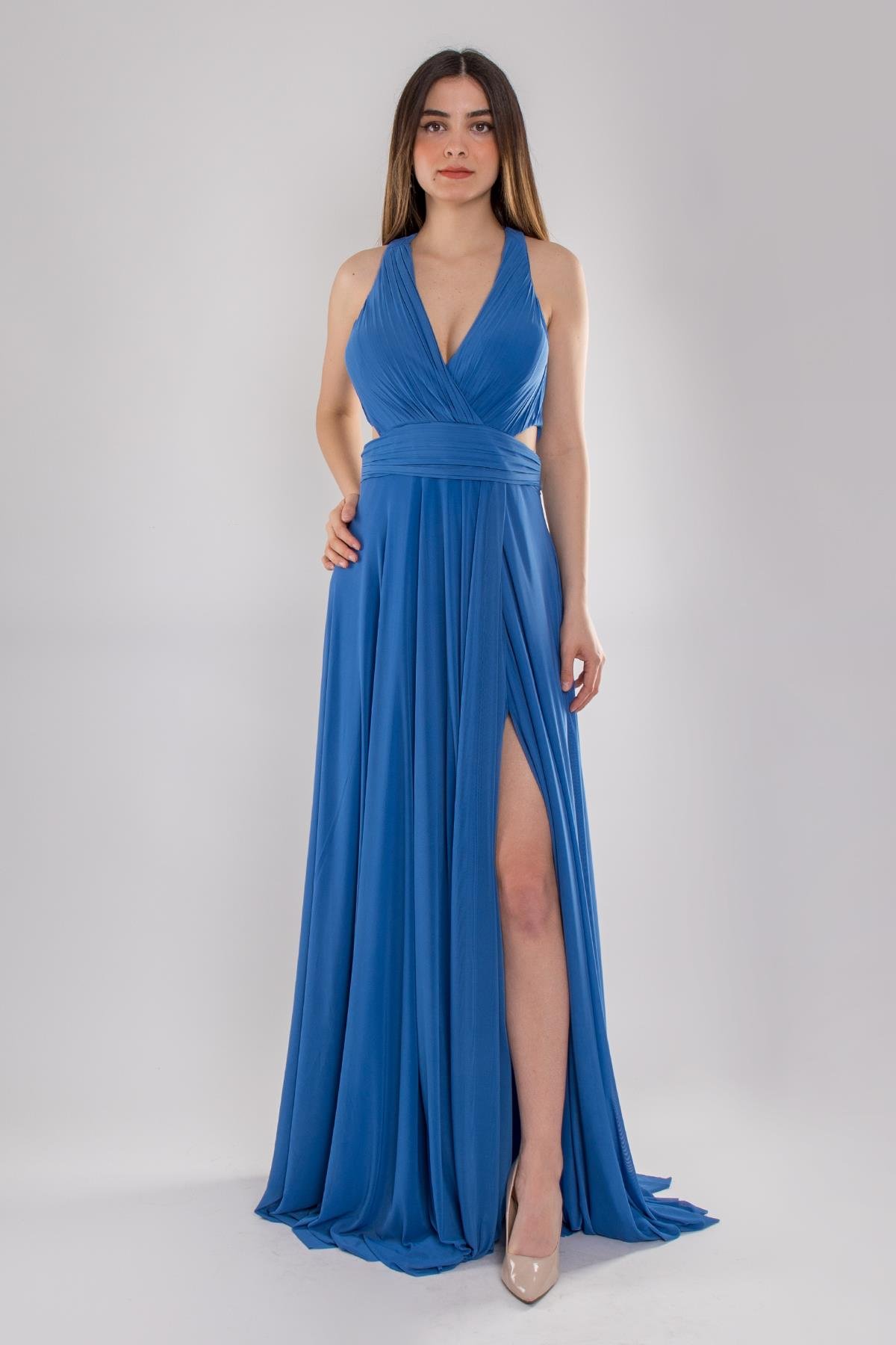 5021 Beli Drapeli Gögsü Pliseli Jessica Uzun Tül Elbise