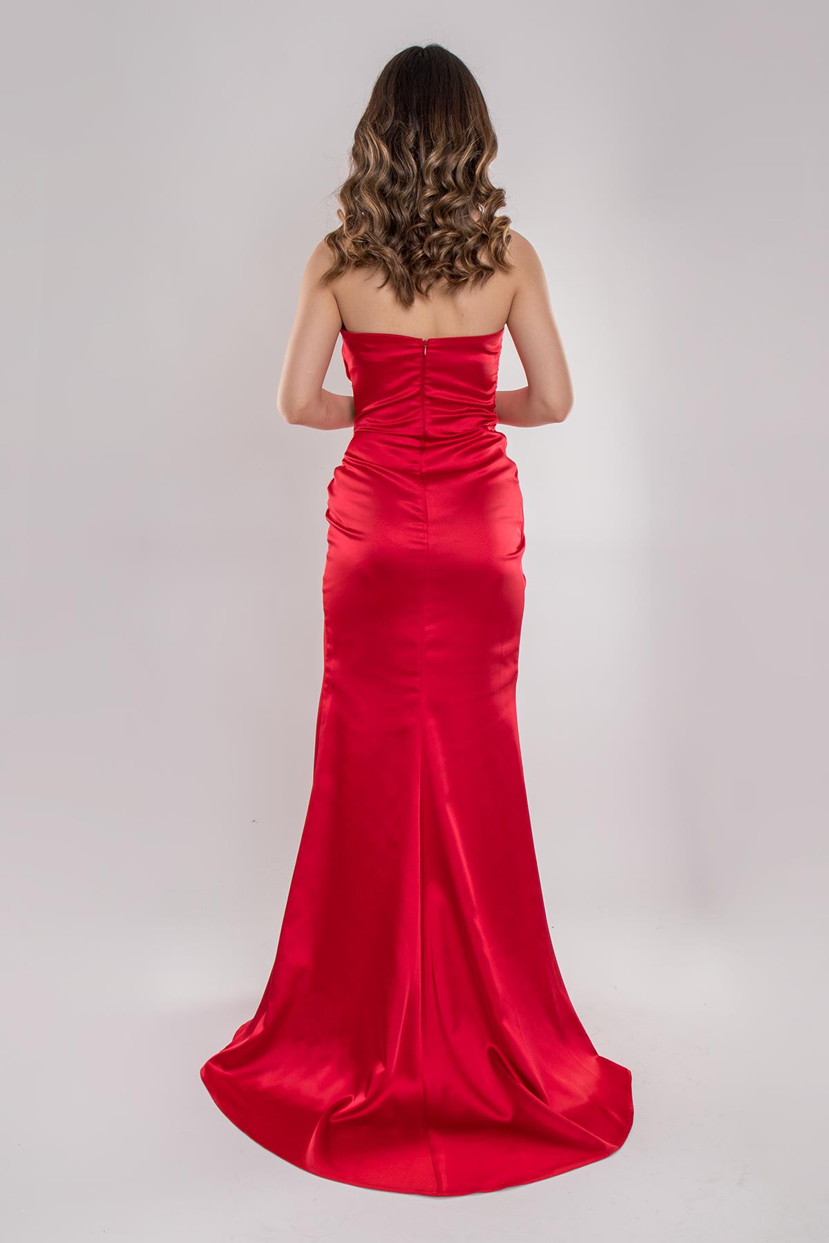 5029 Tek Omuz Beli Drape Taş Detay Uzun Saten Elbise