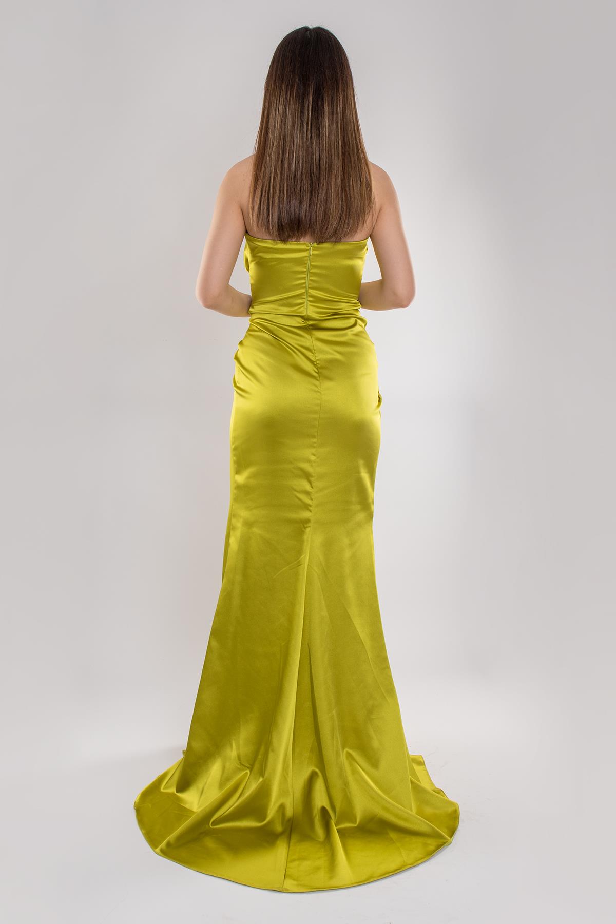 5029 Tek Omuz Beli Drape Taş Detay Uzun Saten Elbise