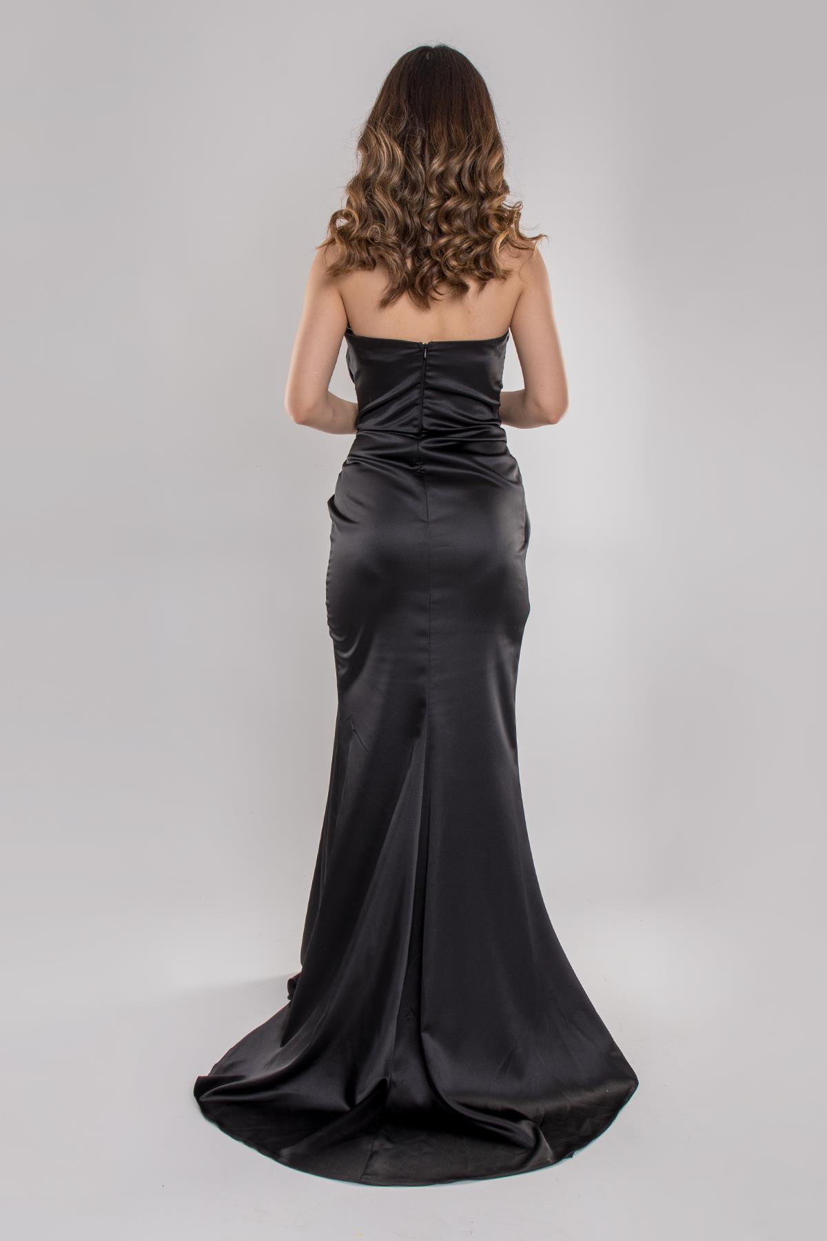 5029 Tek Omuz Beli Drape Taş Detay Uzun Saten Elbise