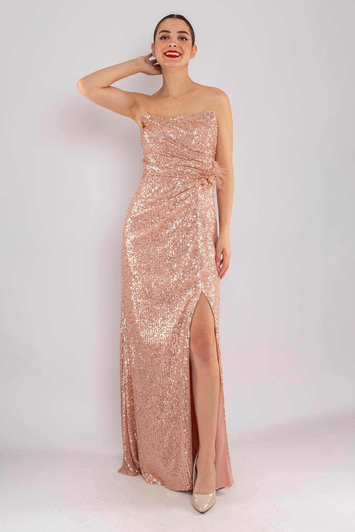 503 Pulpayet Straplez Uzun Yanı Drape Yırtmaçlı Elbise