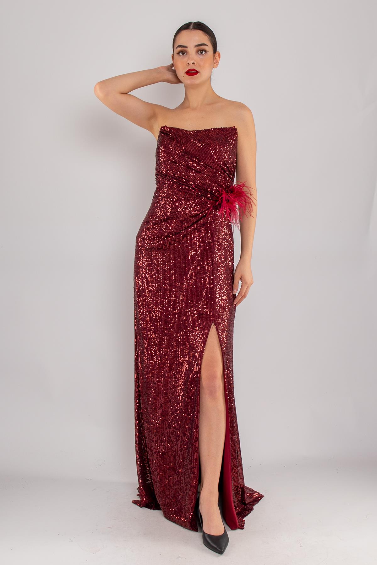 503 Pulpayet Straplez Uzun Yanı Drape Yırtmaçlı Elbise