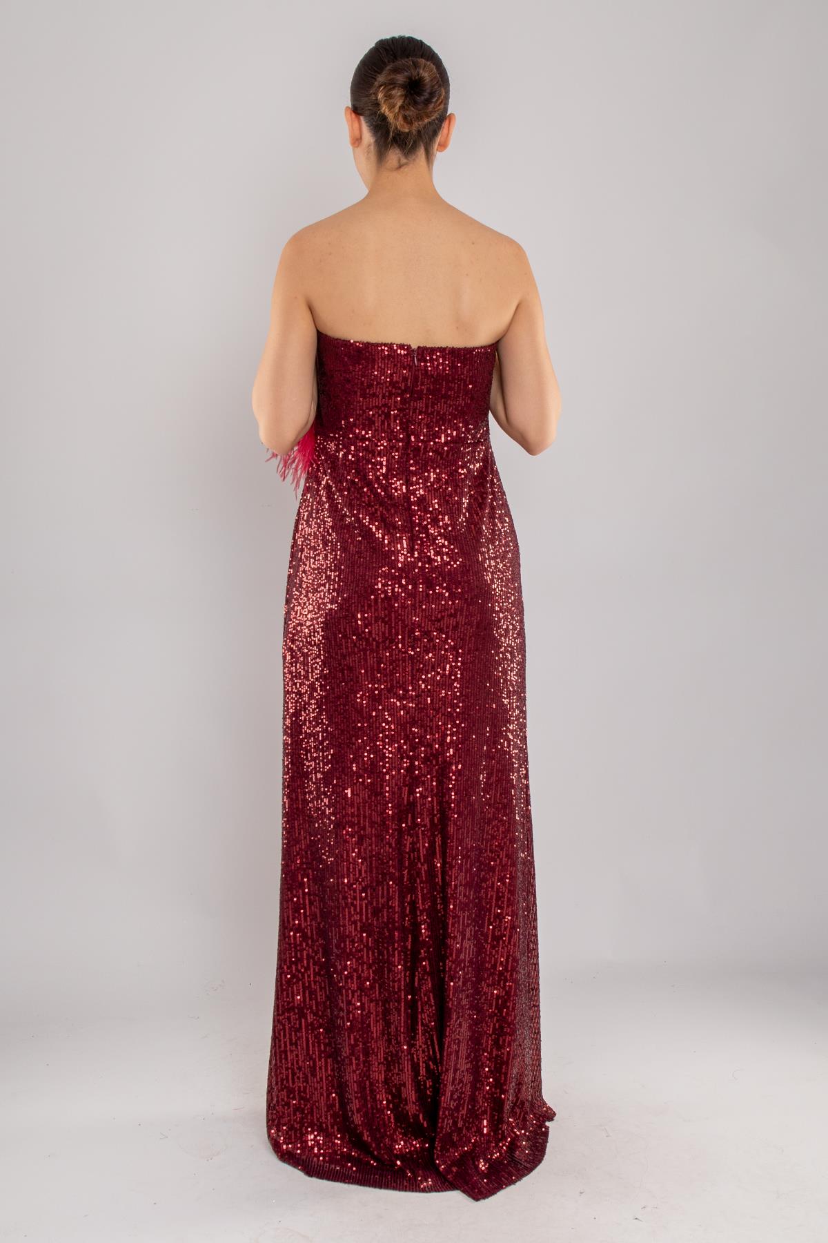 503 Pulpayet Straplez Uzun Yanı Drape Yırtmaçlı Elbise