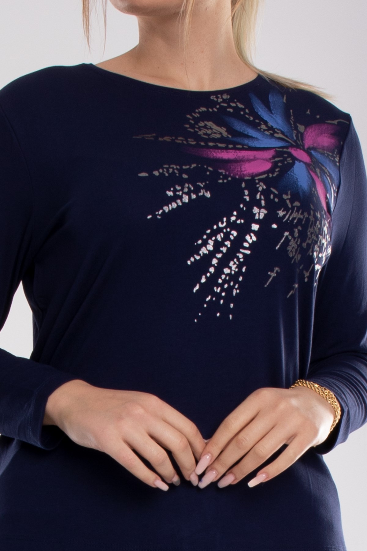 5030 Büyük Beden Yaldızlı Çiçek Baskılı Viscon Kadın Bluz