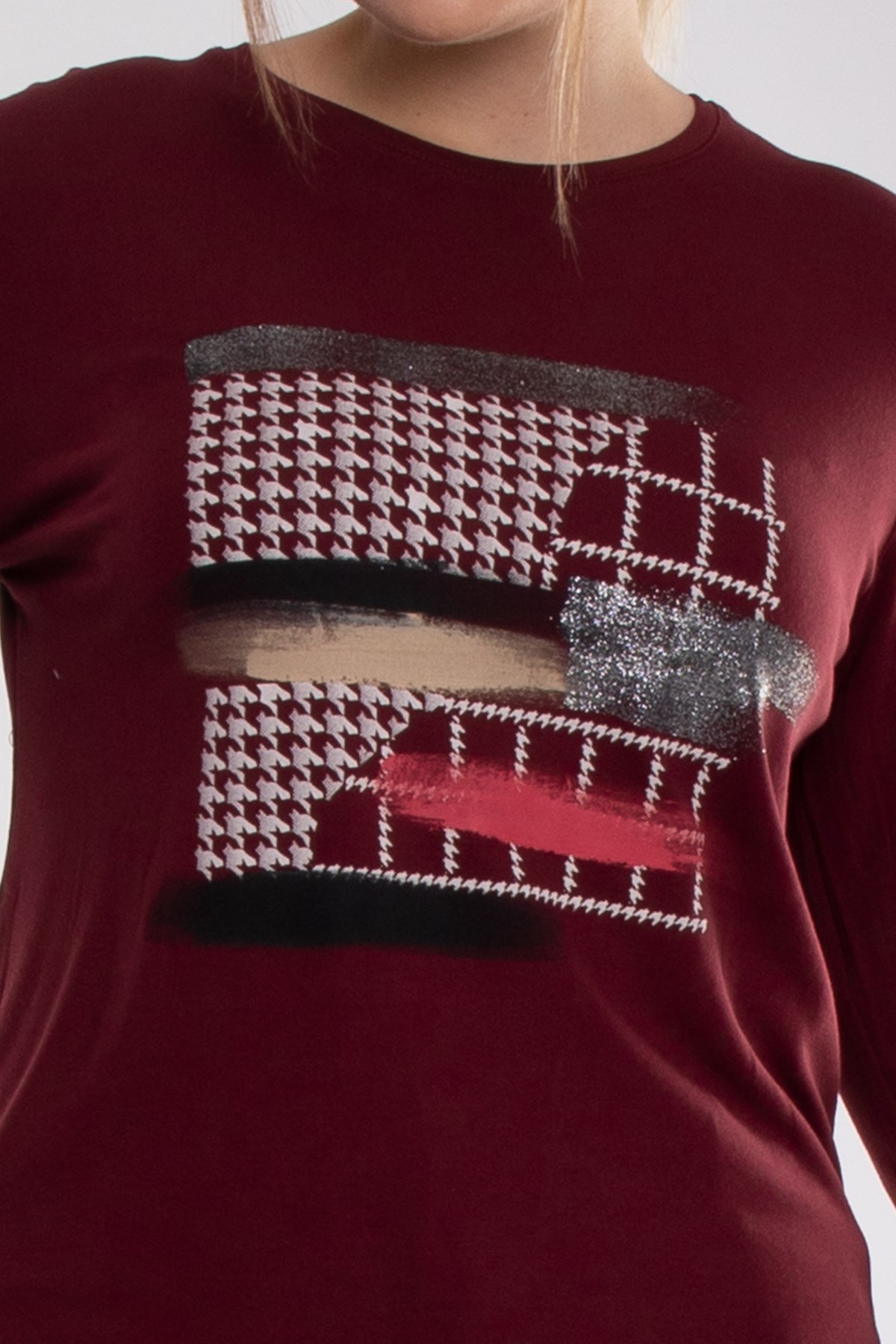 5031 Büyük Beden Kazayağı Desen Renkli Sim Detay Viscon Kadın Bluz