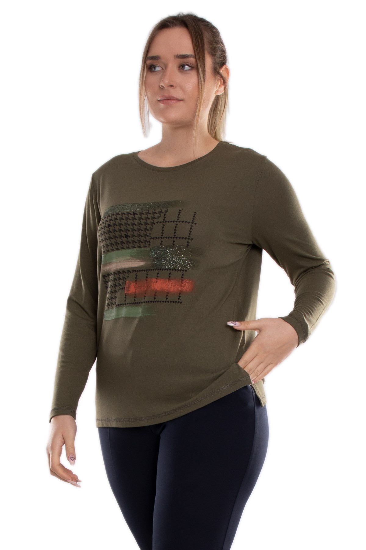 5031 Büyük Beden Kazayağı Desen Renkli Sim Detay Viscon Kadın Bluz