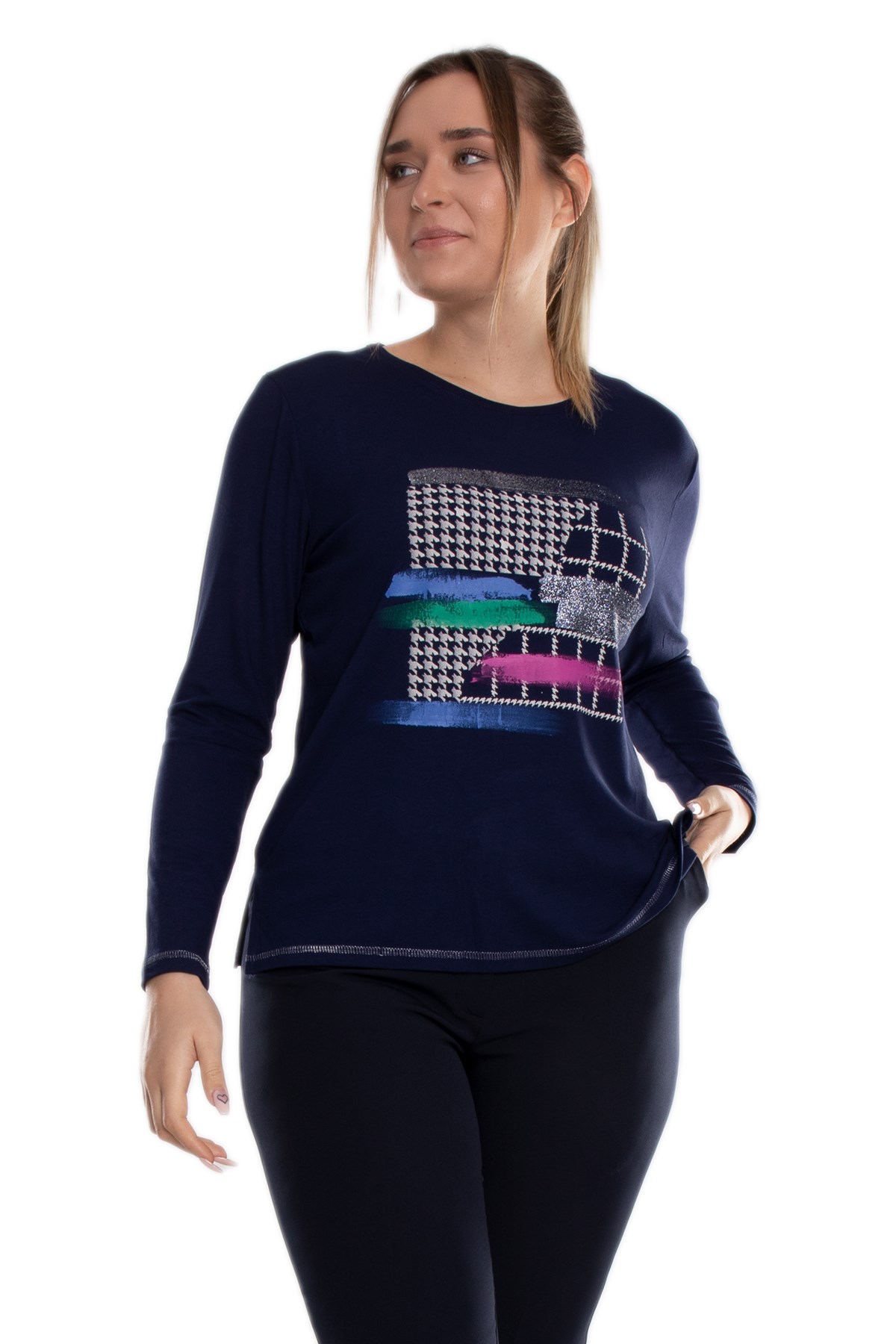 5031 Büyük Beden Kazayağı Desen Renkli Sim Detay Viscon Kadın Bluz