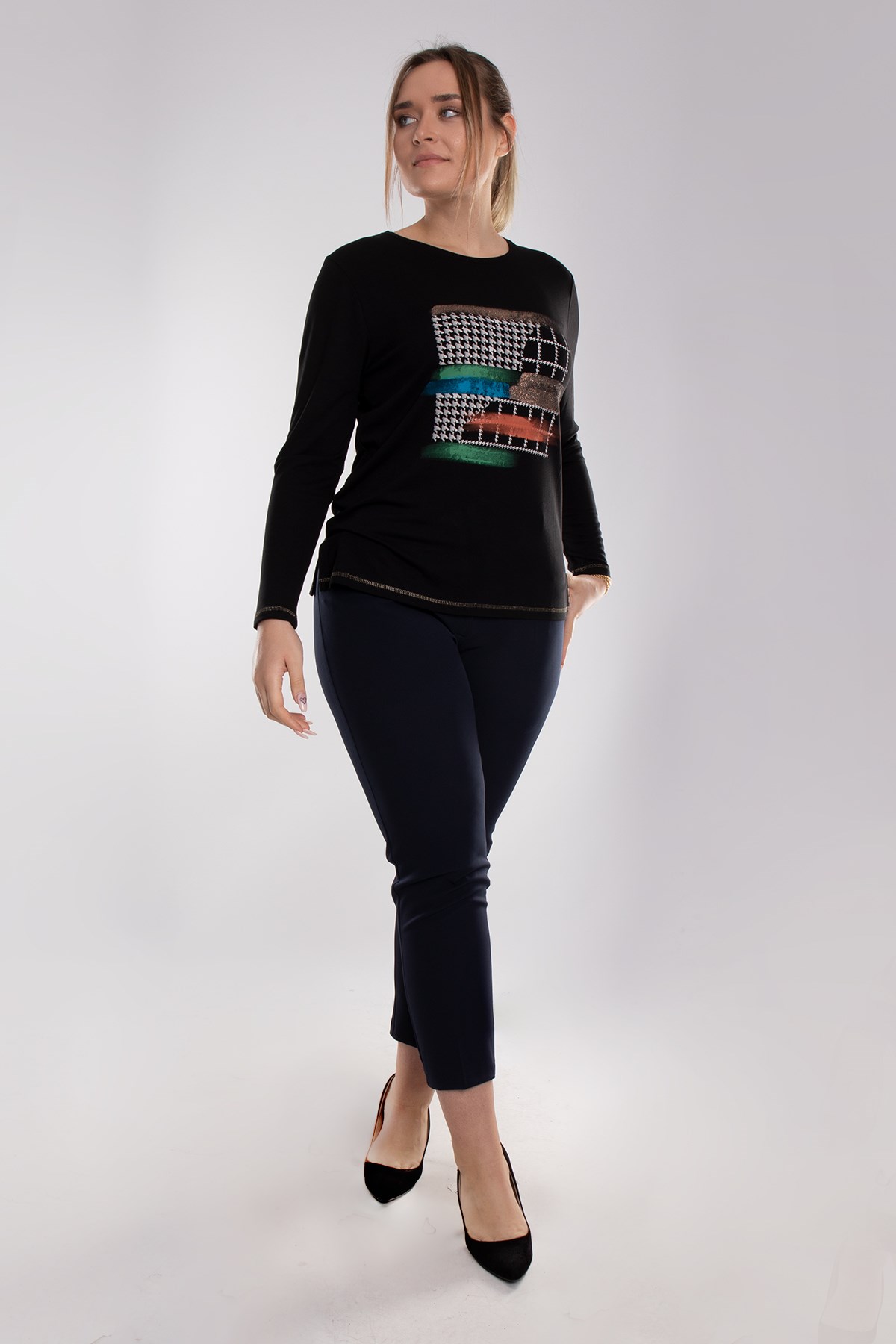 5031 Büyük Beden Kazayağı Desen Renkli Sim Detay Viscon Kadın Bluz