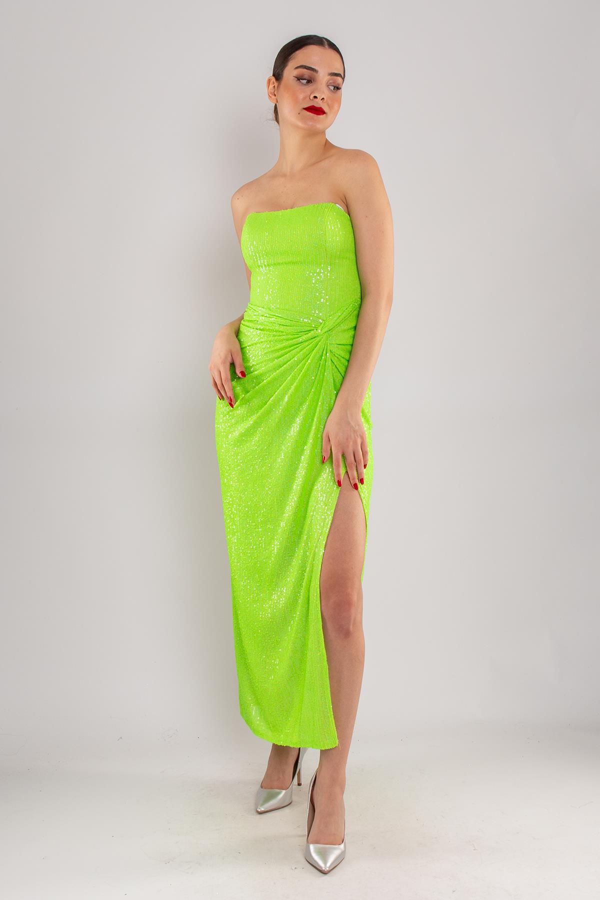 5034 Straplez Önü Büzgülü Pulpayet Uzun Elbise