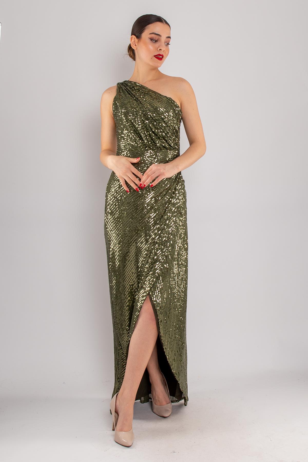 5037 Tek Omuz Drapeli Pulpayet Uzun Elbise