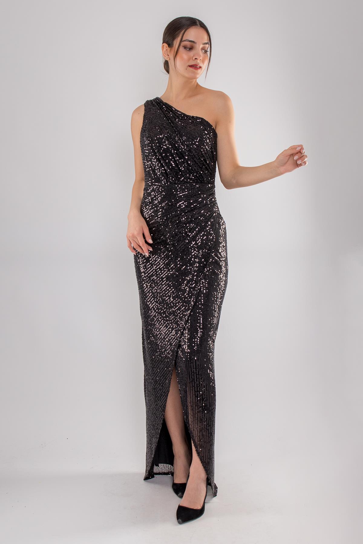 5037 Tek Omuz Drapeli Pulpayet Uzun Elbise