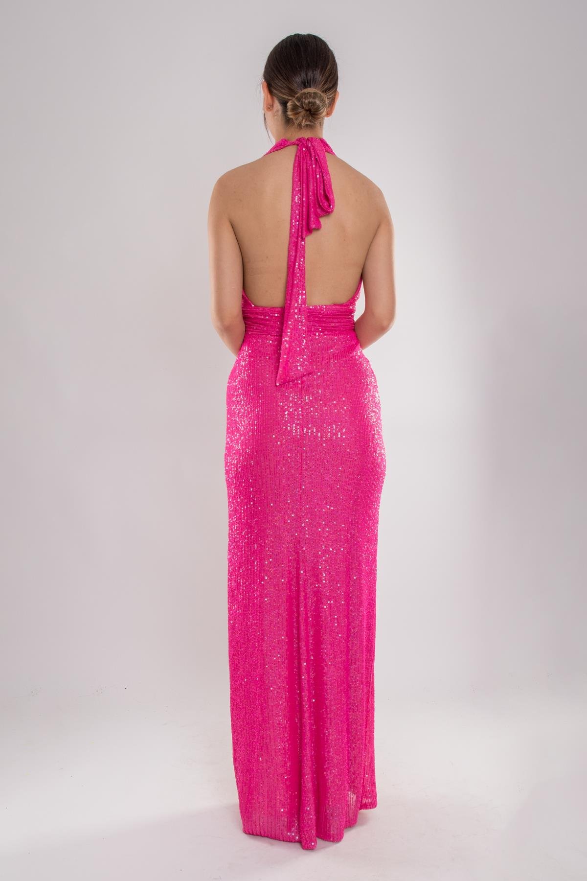 5039 Çapraz Kalın Askı Pulpayet Uzun Elbise