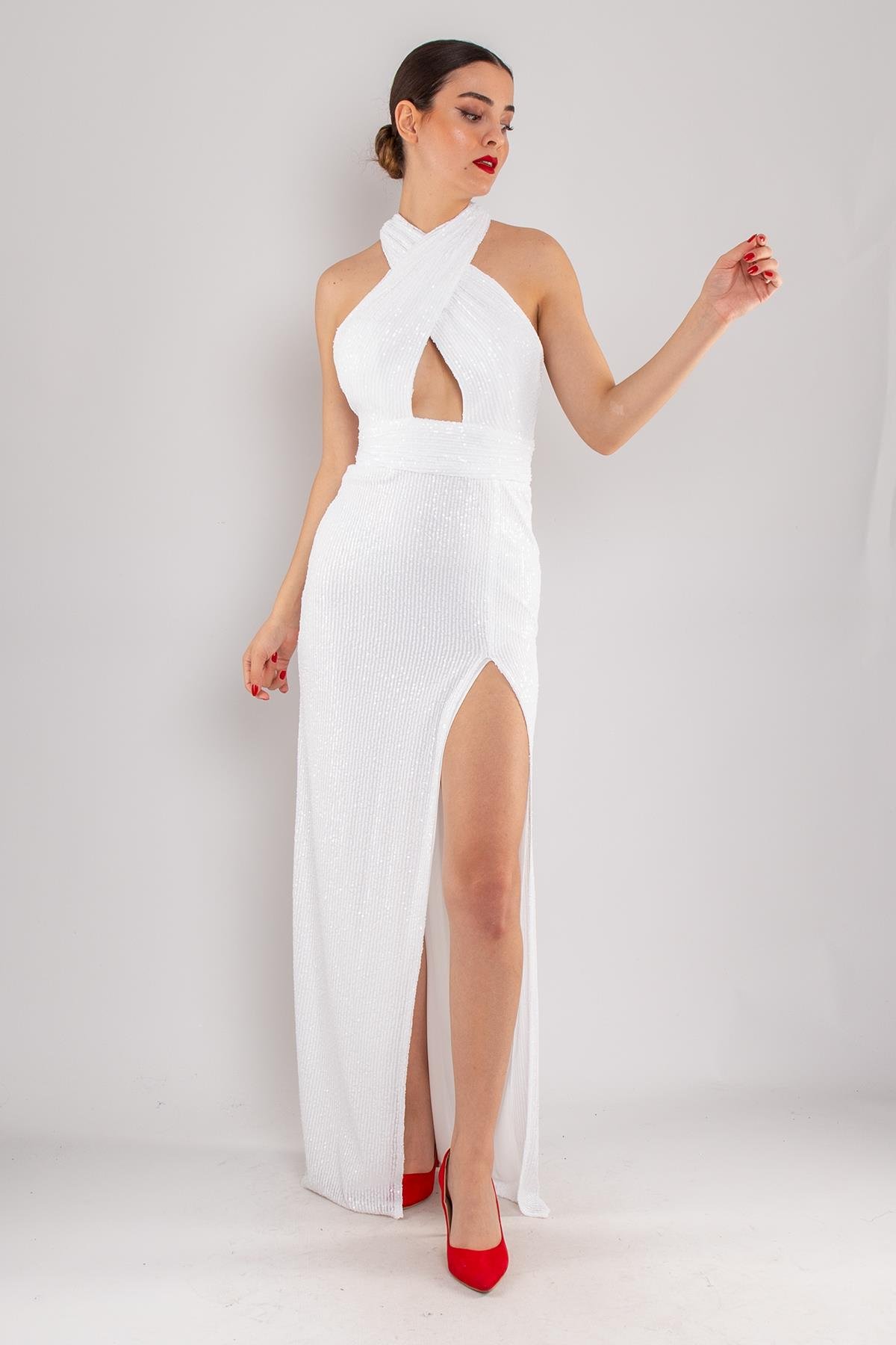 5039 Çapraz Kalın Askı Pulpayet Uzun Elbise