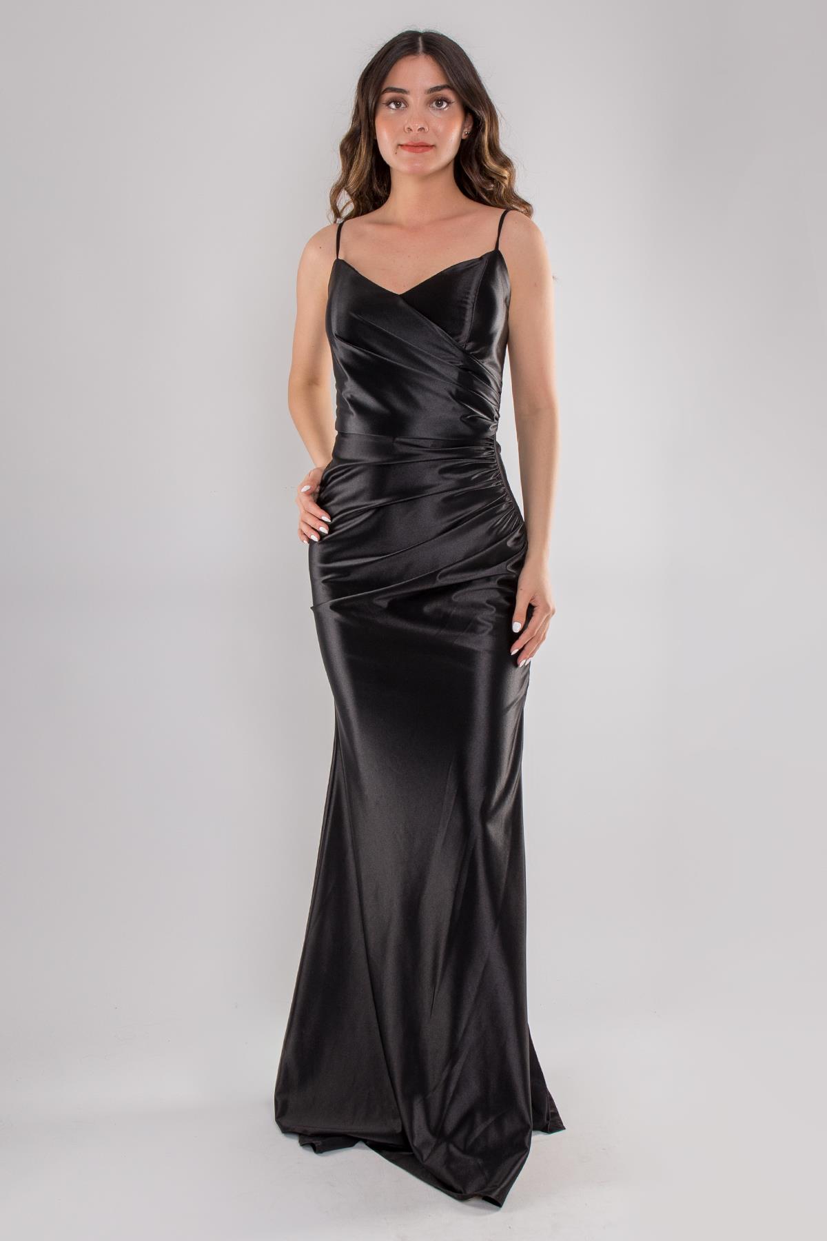 5040 Sırt Dekolte İpli Balık Model Uzun Saten Elbise