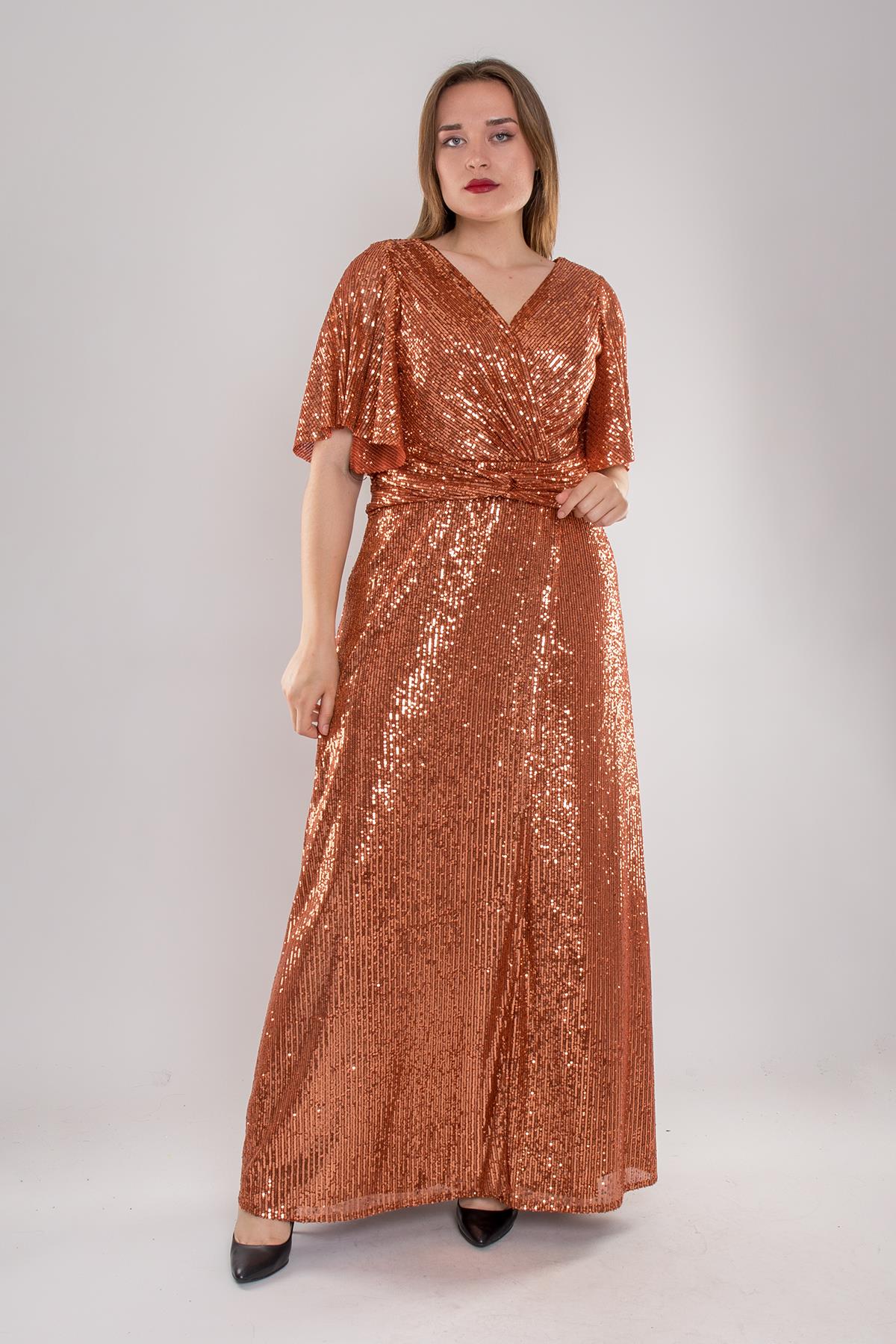 5041 Büyük Beden Derin V Yaka Pulpayet İşli Uzun Elbise