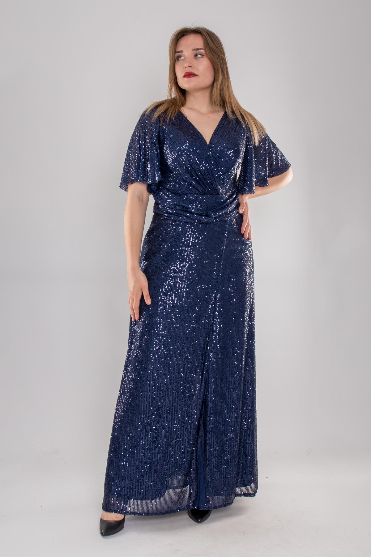 5041 Büyük Beden Derin V Yaka Pulpayet İşli Uzun Elbise