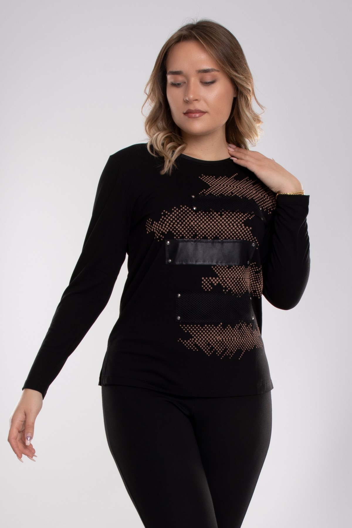 5042 Büyük Beden Zigzag File Detay Derili Viscon Kadın Bluz