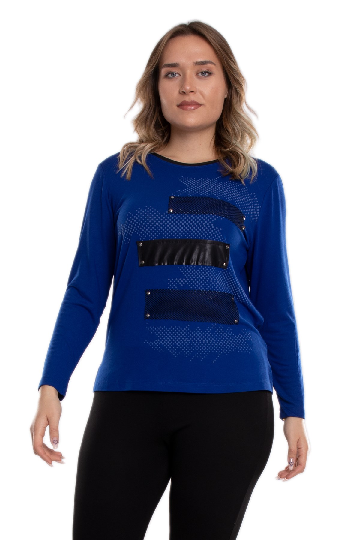 5042 Büyük Beden Zigzag File Detay Derili Viscon Kadın Bluz