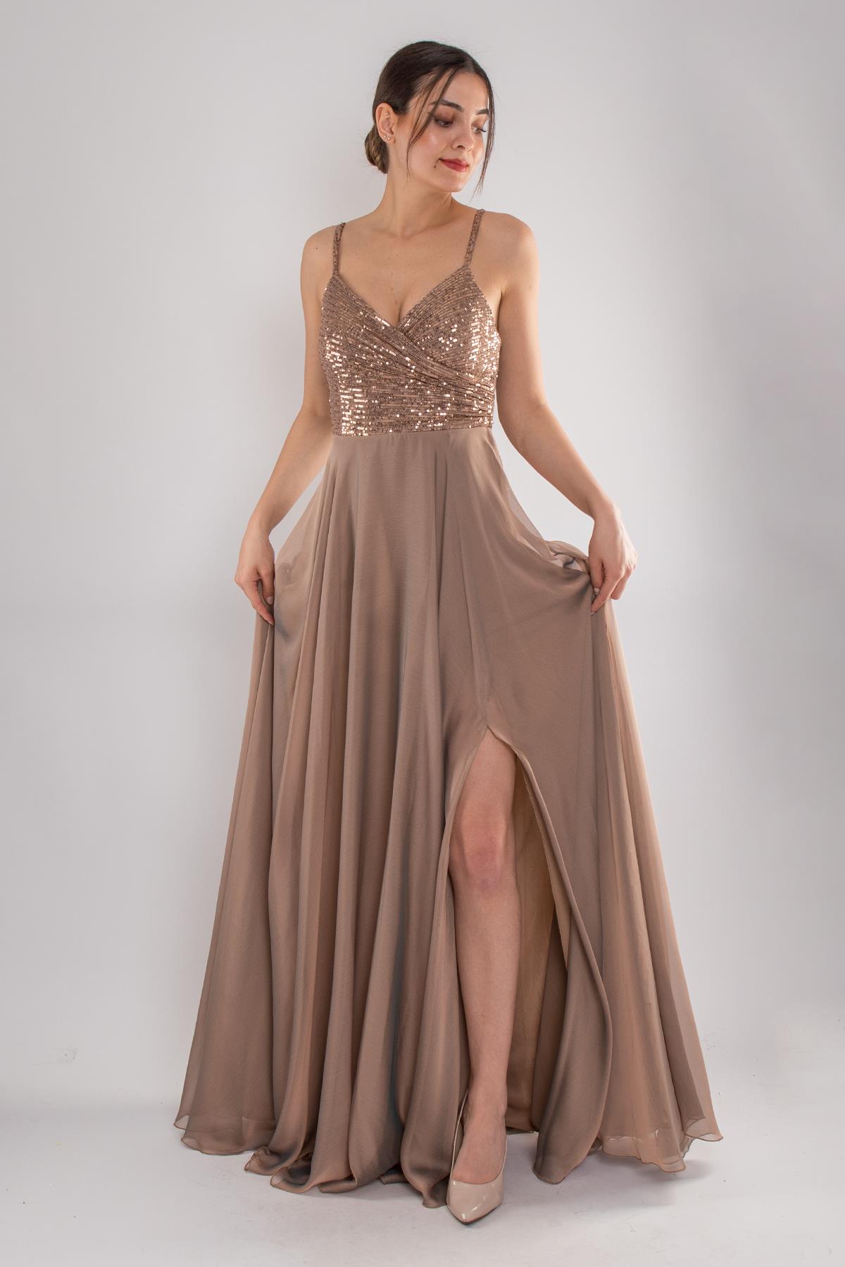 5045 İp Askı Göğüs Payet İşli Kristal Şifon Uzun Kloş Elbise