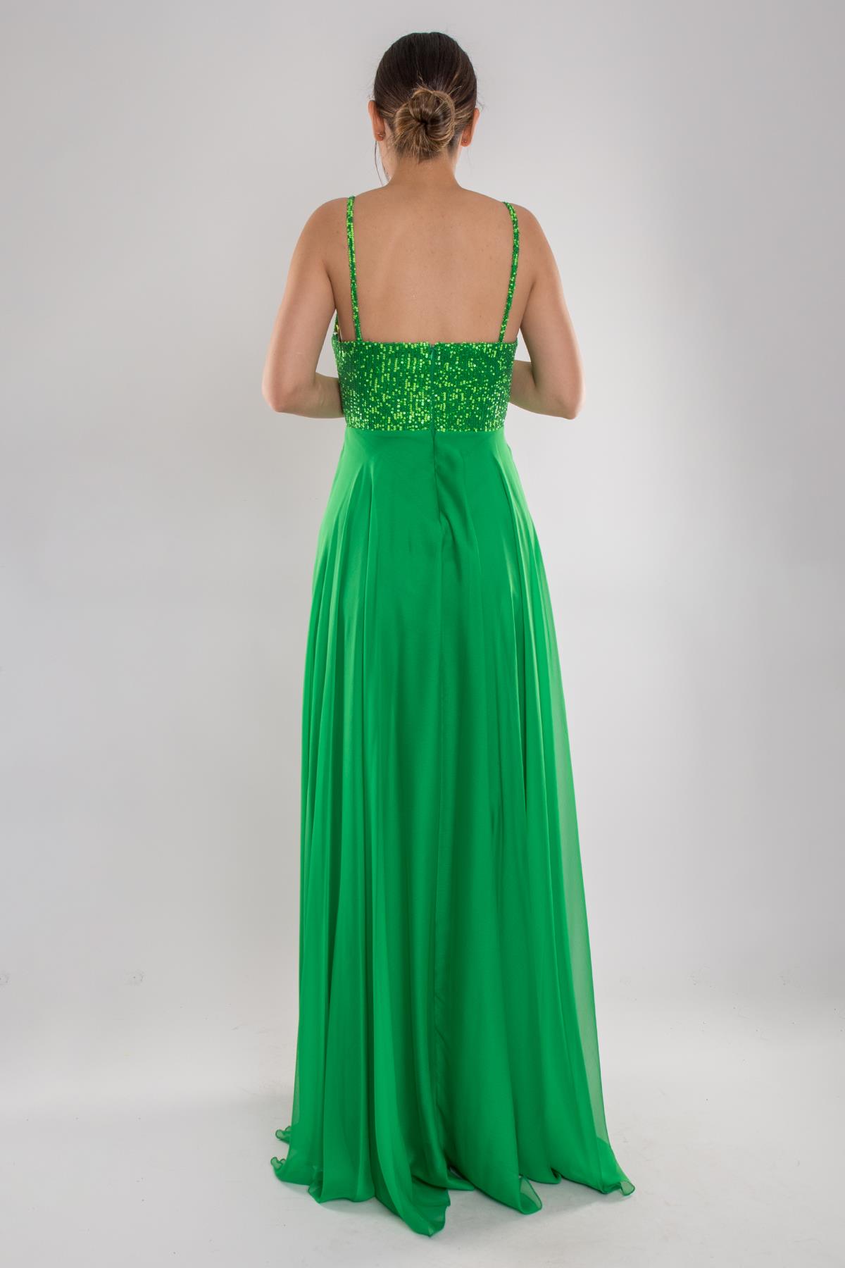 5045 İp Askı Göğüs Payet İşli Kristal Şifon Uzun Kloş Elbise