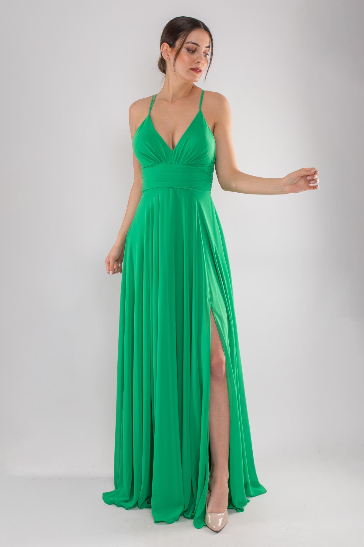 5046 Arkası Çapraz İpli Şifon Kloş Uzun Elbise