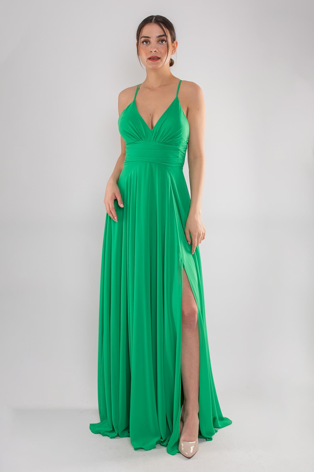 5046 Arkası Çapraz İpli Şifon Kloş Uzun Elbise