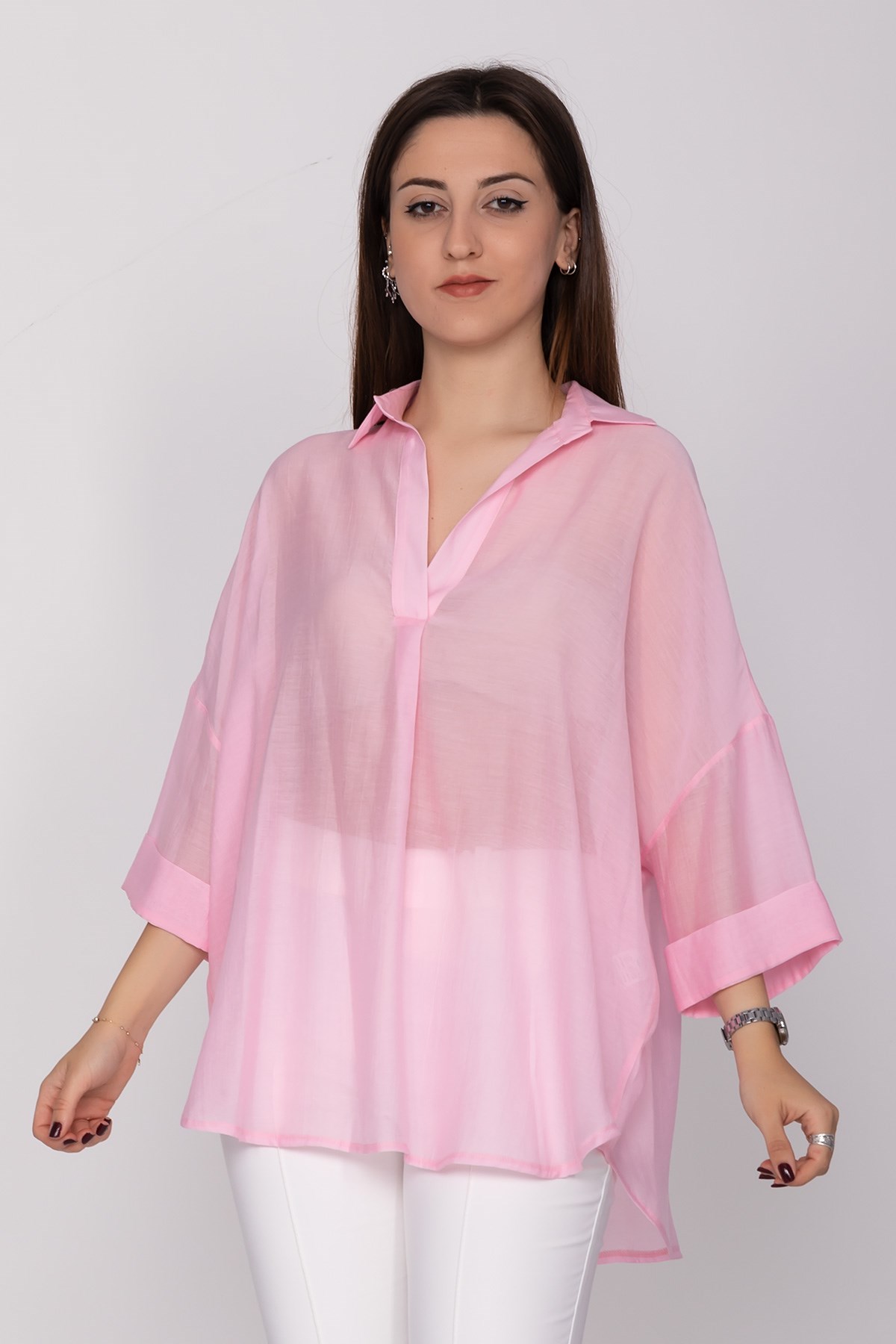 50466 Tencel Kumaş Düşük Kol Gömlek