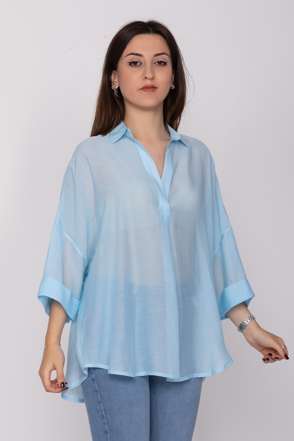 50466 Tencel Kumaş Düşük Kol Gömlek