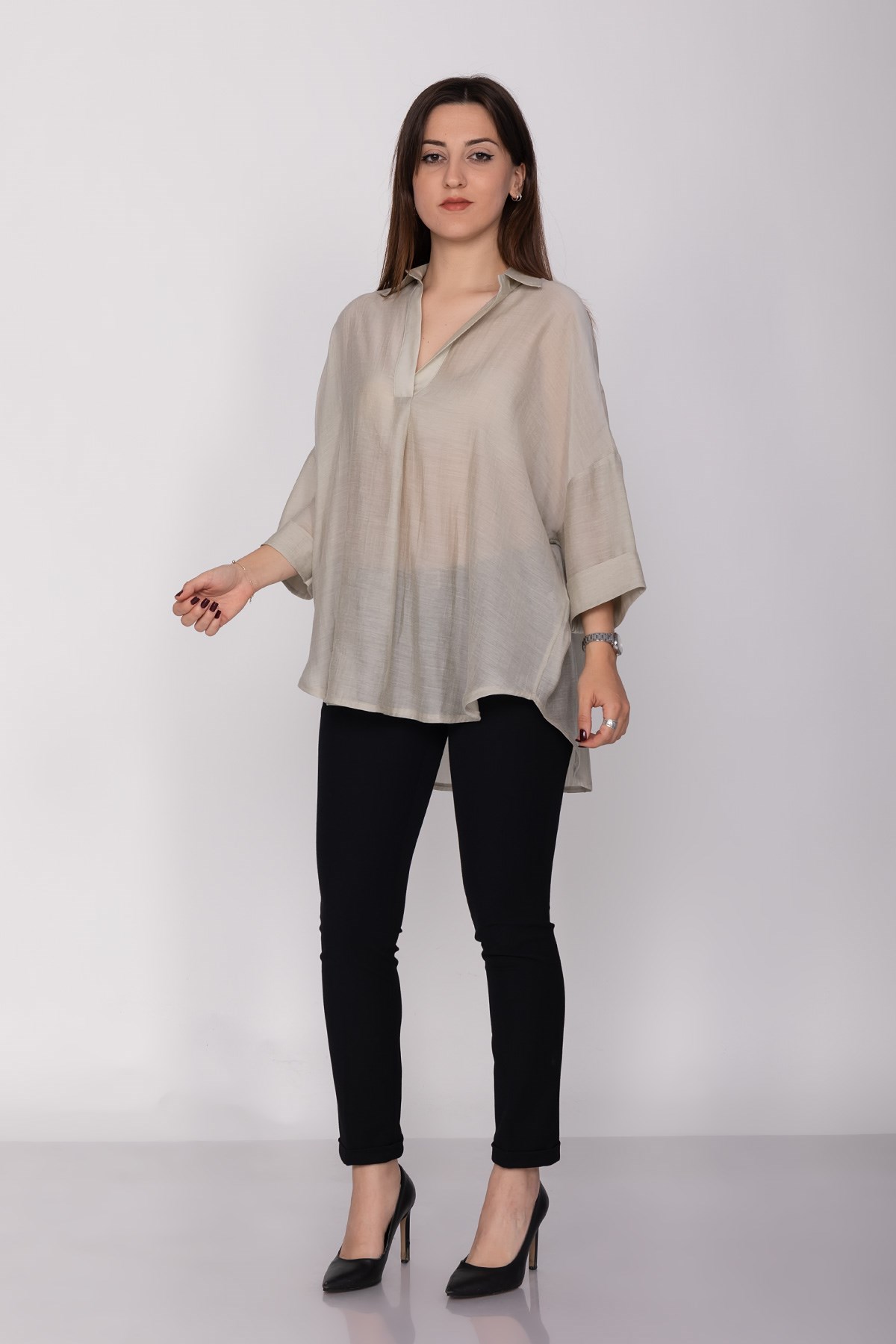 50466 Tencel Kumaş Düşük Kol Gömlek