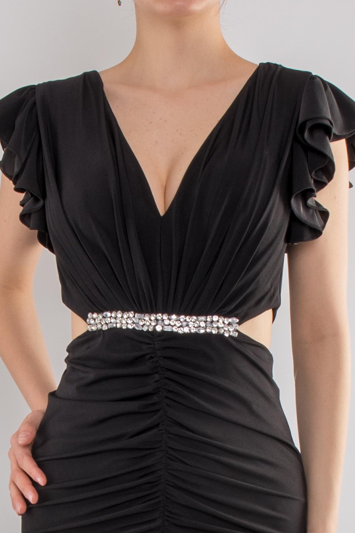 5047 Likralı Kristal Buzi Beli Taşlı Eteği Drape Uzun Elbise