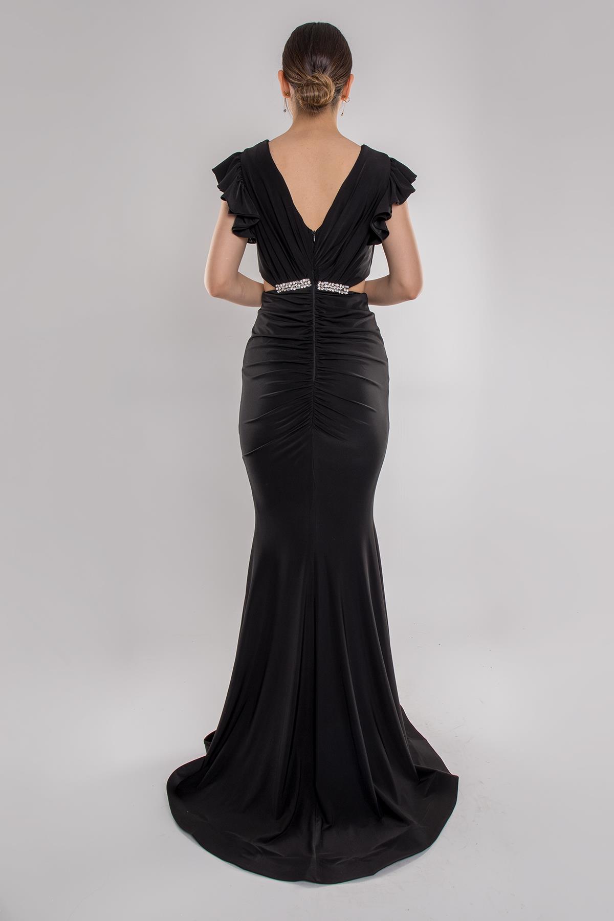 5047 Likralı Kristal Buzi Beli Taşlı Eteği Drape Uzun Elbise