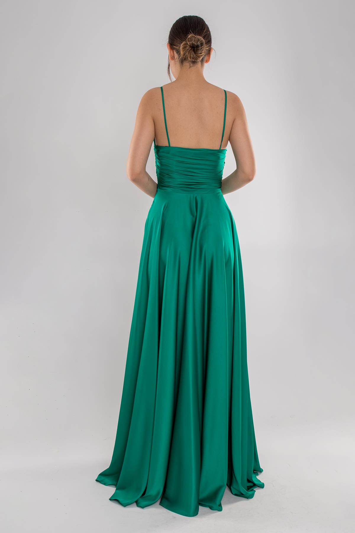 5059 İp Askılı Bel Taş Tokalı Kloş Saten Uzun Elbise