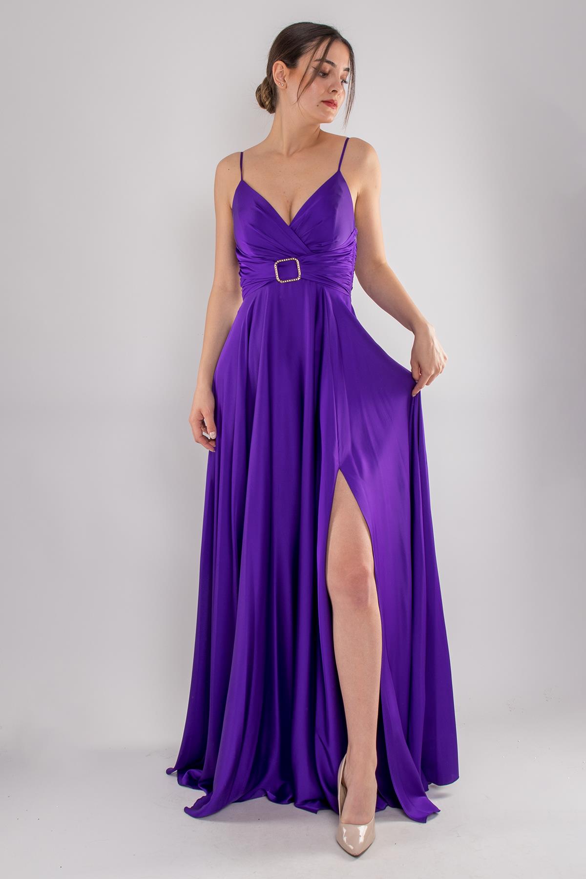 5059 İp Askılı Bel Taş Tokalı Kloş Saten Uzun Elbise