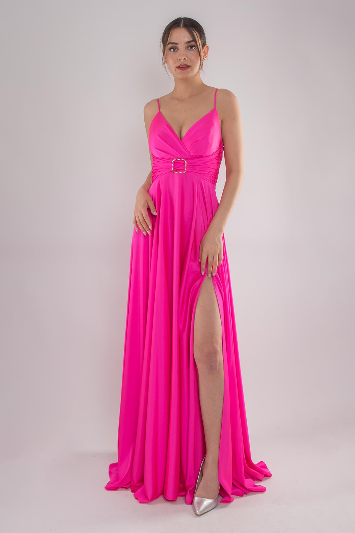 5059 İp Askılı Bel Taş Tokalı Kloş Saten Uzun Elbise