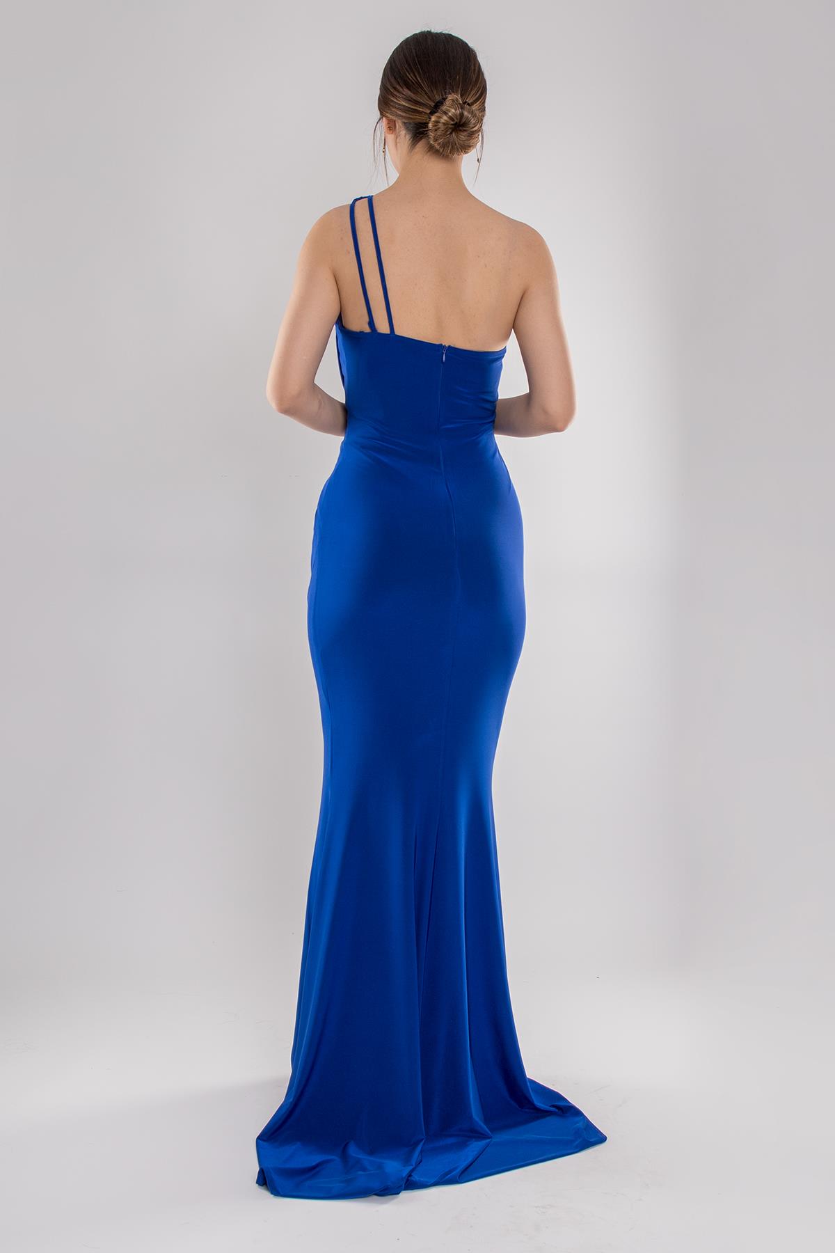 5059 Tek Omuz Drapeli Kristal Buzi Uzun Likralı Elbise