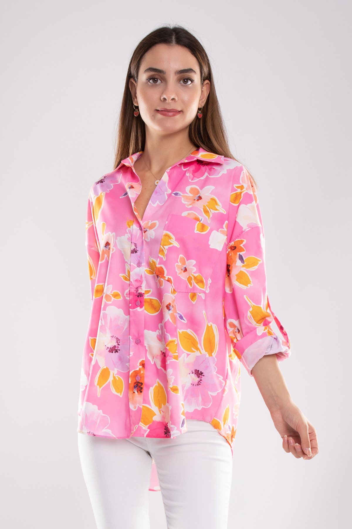 50614 Truvakar Kol Katlamalı Çiçek Desen Gömlek