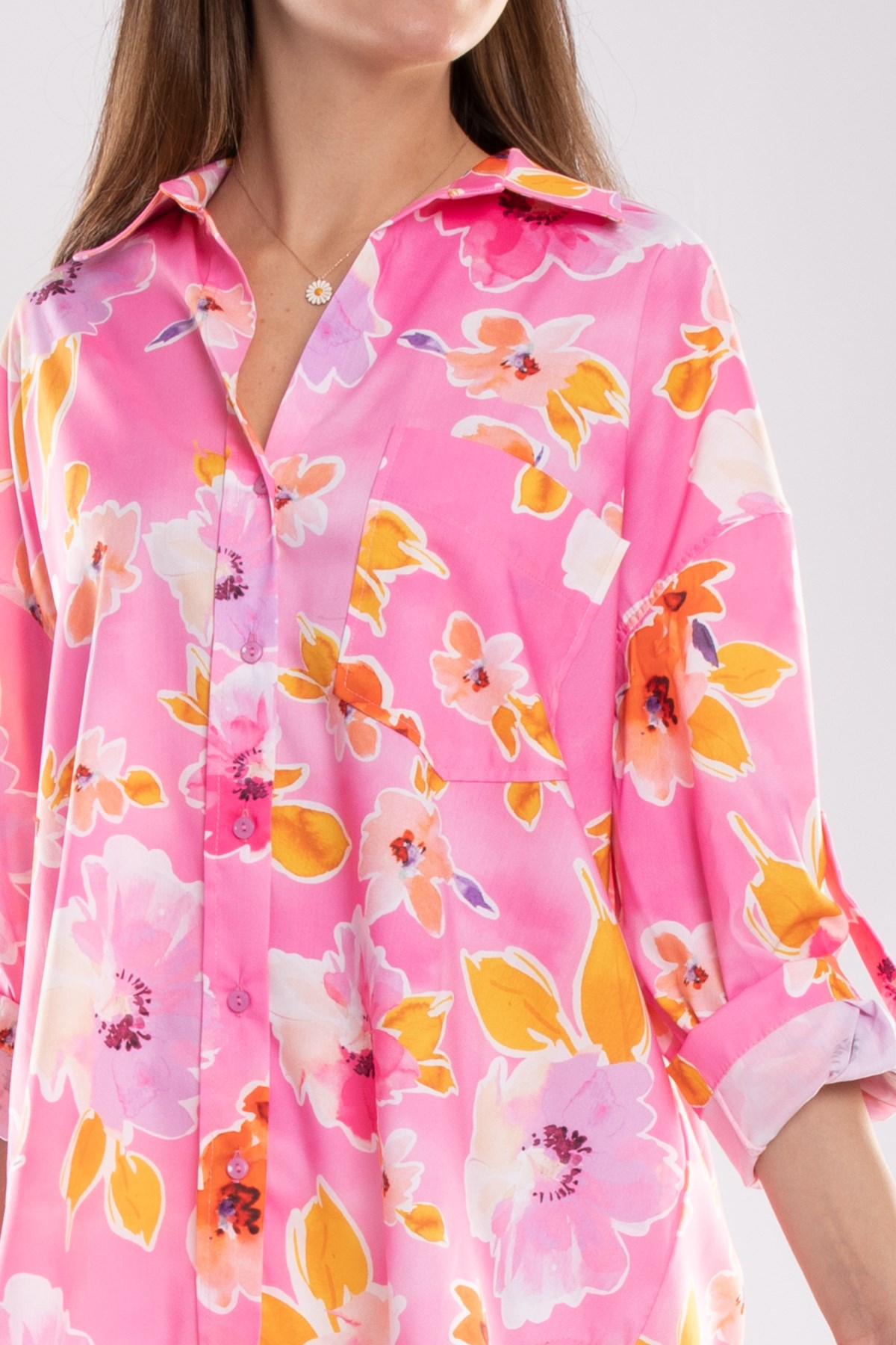 50614 Truvakar Kol Katlamalı Çiçek Desen Gömlek